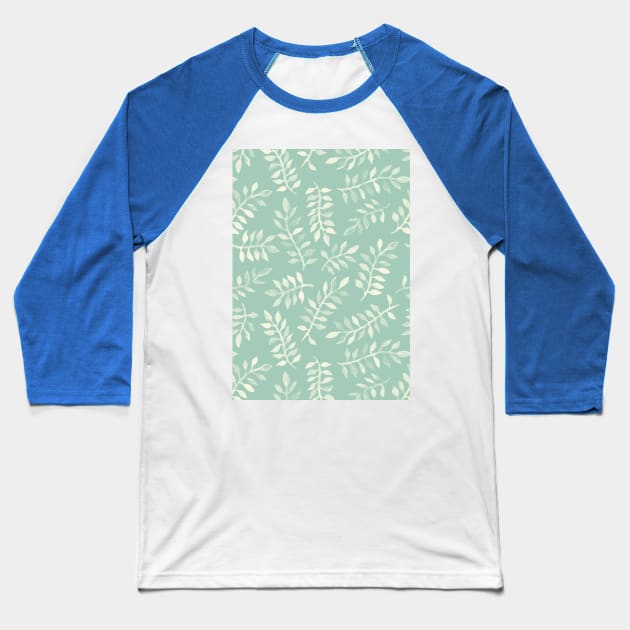 Painted Leaves - a pattern in cream on soft mint green Baseball T-Shirt by micklyn